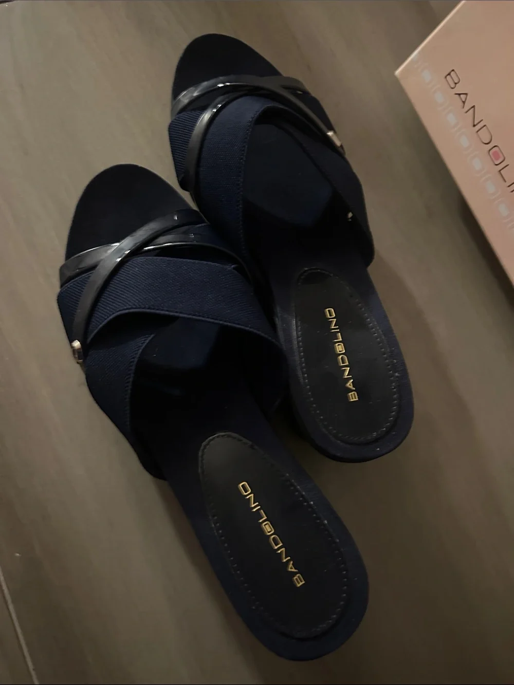 Bandolino Navy Wedge Slide Sandals with Glossy Strap